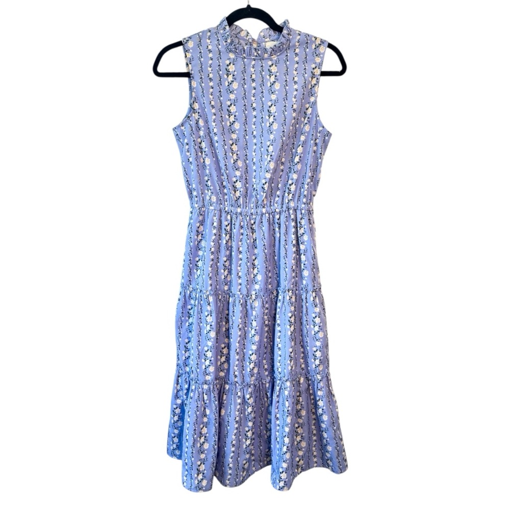 Melloday Floral Tiered Midi Dress – Ruffle Neck, Size Small, Blue Sleeveless - Picture 2 of 8